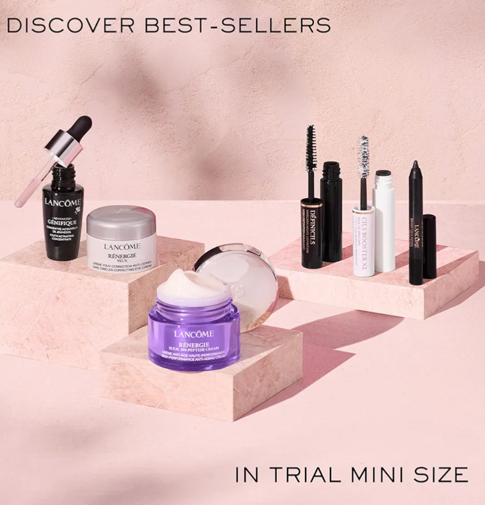 Lancème skincare and makeup products on a pink platform with 'Discover Best-Sellers' text.
