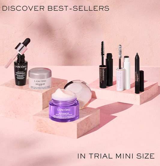 Lancème skincare and makeup products on a pink platform with 'Discover Best-Sellers' text.