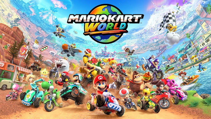 Promotional image of 'Mario Kart World' with characters and vehicles on a colorful background.